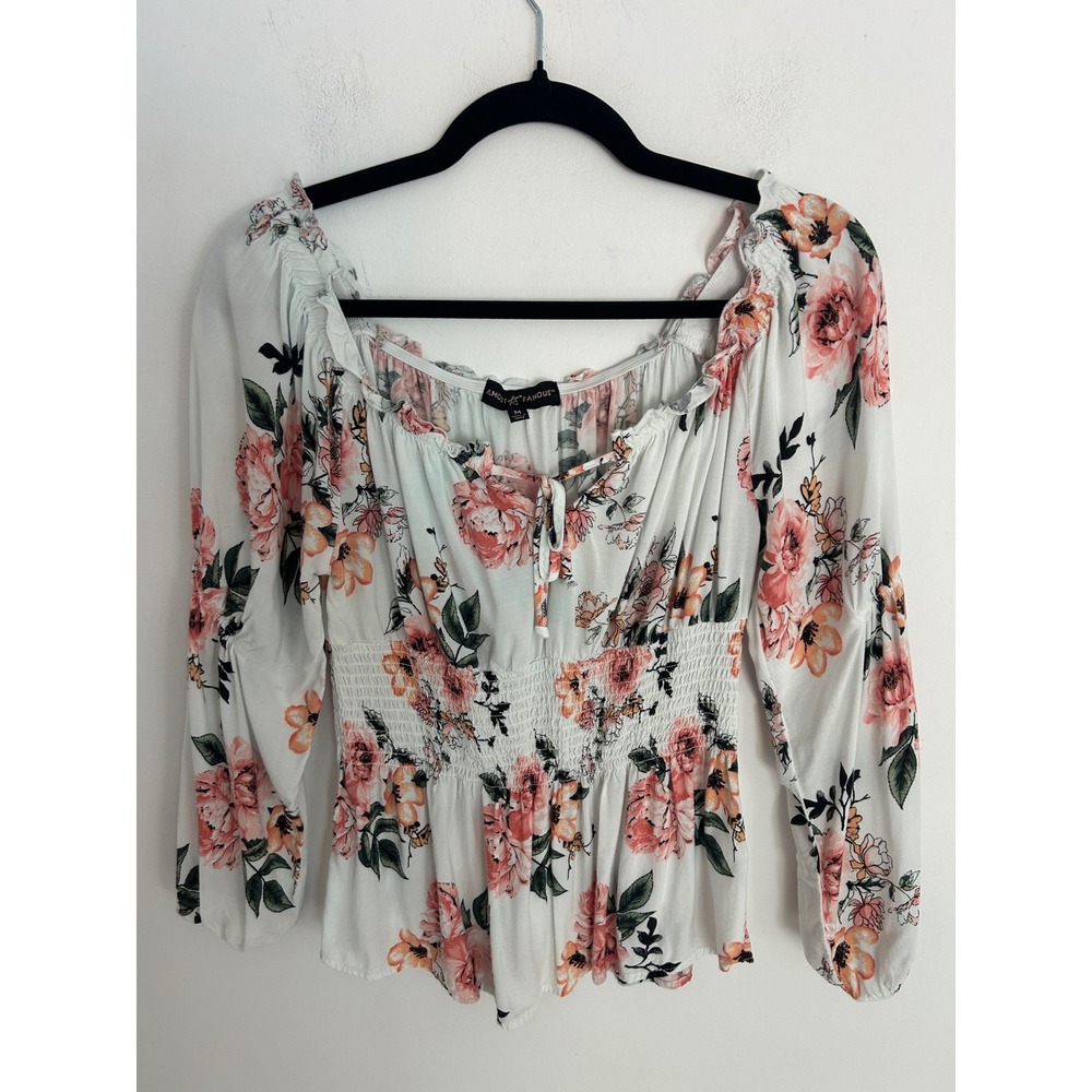 Almost Famous Floral Smocked Peplum Top White Pink Orange Boho Balloon Sleeve M